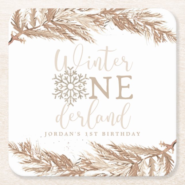 Porta-copo De Papel Quadrado RORY Boho Beige Winter Wonderland Primeiro Anivers (Frente)