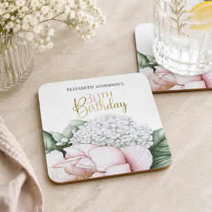 Porta-copo De Papel Quadrado Rosa Bege Peônia Floral 30º Aniversário