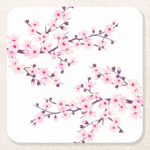 Porta-copo De Papel Quadrado Rosa Branco Flor de Cerejeira