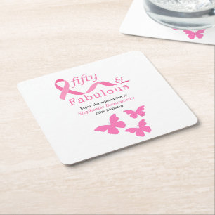 Porta-copo De Papel Quadrado Rosa Cinquenta Fabuloso Lutando Contra o Câncer 50