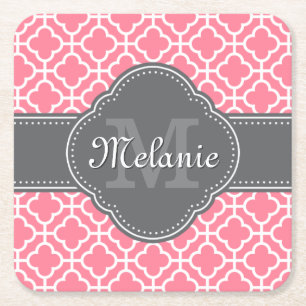 Porta-copo De Papel Quadrado Rosa claro Branco Padrão Marroquino - Monograma d