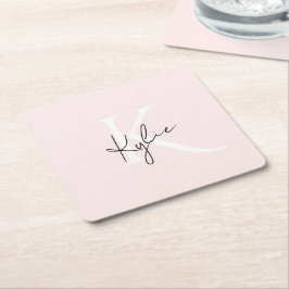 Porta-copo De Papel Quadrado Rosa Corada Moderna com Nome Personalizado Monogra