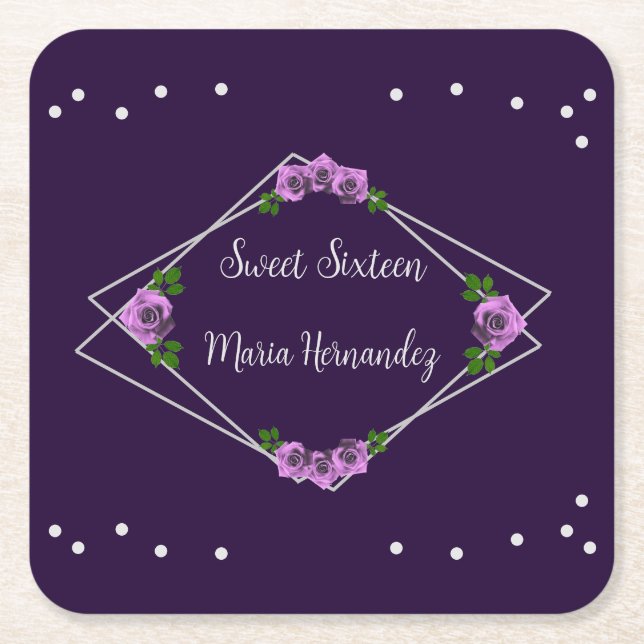 Porta-copo De Papel Quadrado Rosa de prata geométrica púrpura 16 (Frente)