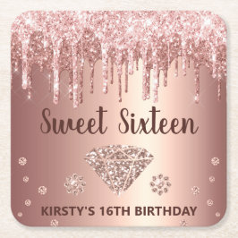 Porta-copo De Papel Quadrado Rosa Dourado Gotejando Glitter & Diamante Sweet 16