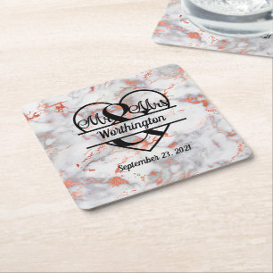 Porta-copo De Papel Quadrado Rosa Dourado Mármore Sr. e Sra. Coração Casamento 