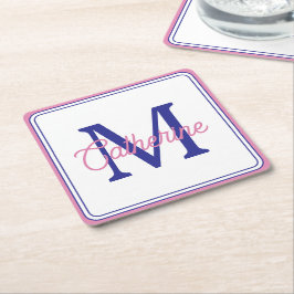 Porta-copo De Papel Quadrado Rosa Elegante e Azul Marinho Monograma Simples