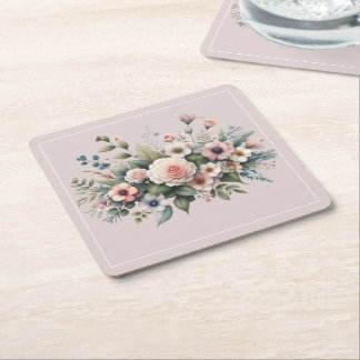 Porta-copo De Papel Quadrado Rosa Empoeirada Floral Botânica Aquarela Casamento
