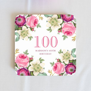 Porta-copo De Papel Quadrado Rosa Floral 100º Aniversário