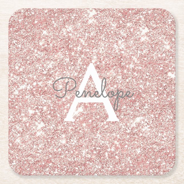 Porta-copo De Papel Quadrado Rosa Glitter Rosa Dourado Monograma Feminino (Frente)