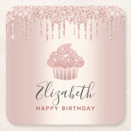 Porta-copo De Papel Quadrado Rosa gold adicione seu nome cupcake glitter drilla