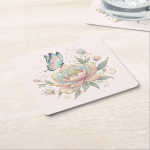 Porta-copo De Papel Quadrado Rosa Mágica e Borboleta Cores Pastel