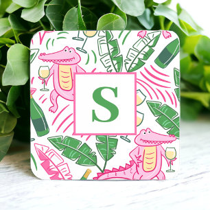 Porta-copo De Papel Quadrado Rosa Préppy de Jacaré de Vinho Personalizado Monog