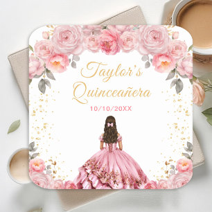 Porta-copo De Papel Quadrado Rosa Princesa Rosa Floral Quinceañera