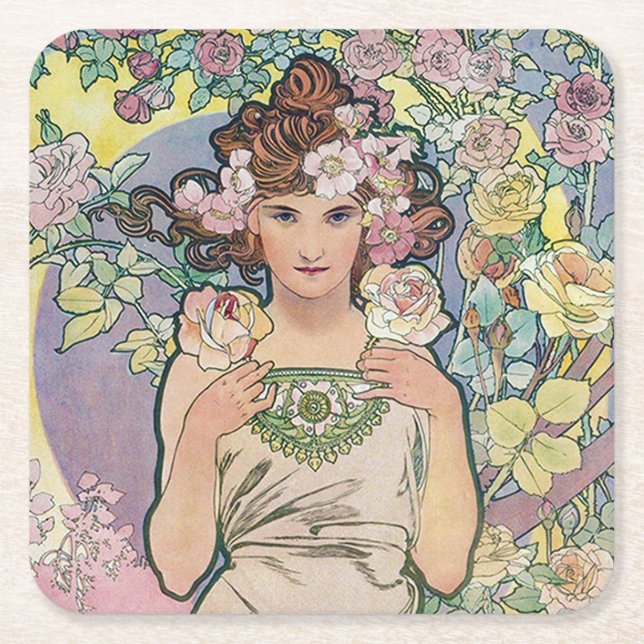 Porta-copo De Papel Quadrado Rosa (Quatro Flores), Alphonse Mucha (Frente)