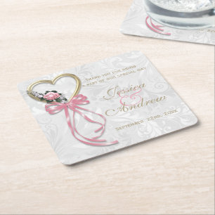Porta-copo De Papel Quadrado Rosa Romântica, Coração Dourado & Fita Rosa