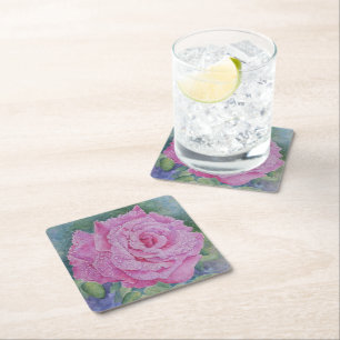 Porta-copo De Papel Quadrado Rosa Rosa com Gotículas de Chuva 