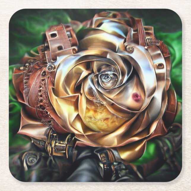 Porta-copo De Papel Quadrado Rosa Steampunk com Face Surreal - Flor Mecânico (Frente)