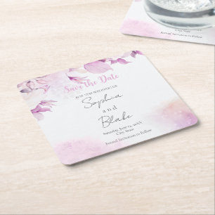 Porta-copo De Papel Quadrado Rosa Suave Moderno Boho Floral Folhas Salvar a Dat