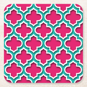 Porta-copo De Papel Quadrado Rosa Teal Branco Quatrefoil Marroquino #5DS