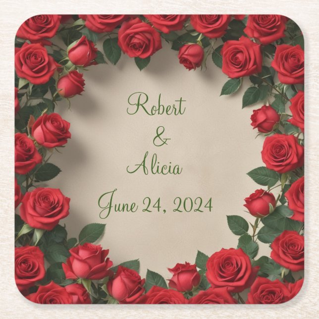 Porta-copo De Papel Quadrado Rosa vermelha Wedding (Frente)