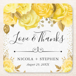 Porta-copo De Papel Quadrado Rosas Amarelas Glam Watercolor Casamento