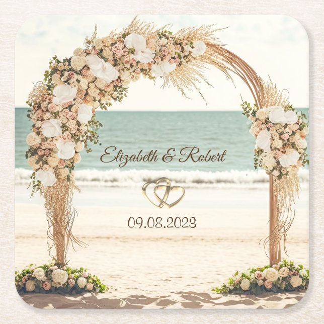 Porta-copo De Papel Quadrado Rosas Arbor de Casamento de Praia (Frente)