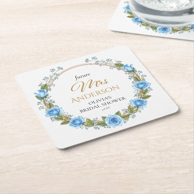 Porta-copo De Papel Quadrado Rosas Azuis Elegantes & Gipsófila (Inclinado)