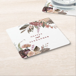 Porta-copo De Papel Quadrado Rosas Boho Borgonha outono floral casamento