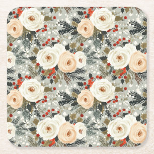 Porta-copo De Papel Quadrado Rosas Brancas de Natal Elegantes e Berry Vermelho