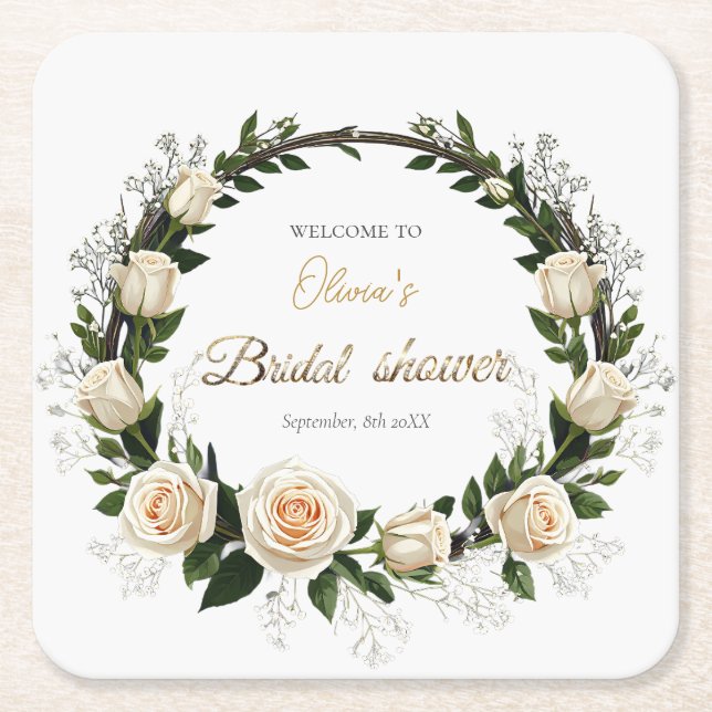 Porta-copo De Papel Quadrado Rosas Brancas e Favor de Bebê Respiração (Frente)