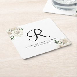 Porta-copo De Papel Quadrado Rosas Brancas Monograma Floral Elegante Casamento