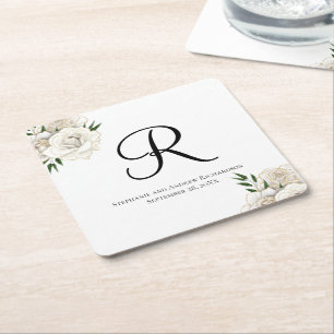 Porta-copo De Papel Quadrado Rosas Brancas Monograma Floral Elegante Casamento