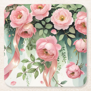 Porta-copo De Papel Quadrado Rosas Cor-de-Rosa e Fitas