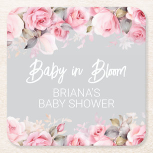 Porta-copo De Papel Quadrado Rosas Cor-de-Rosa Floral Cinza Menina Chá de Bebê