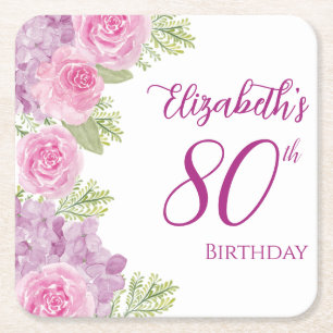 Porta-copo De Papel Quadrado Rosas de Aquarela Rosa para Aniversário de 80 anos