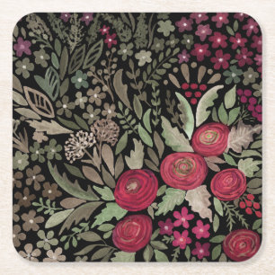 Porta-copo De Papel Quadrado Rosas de aquarela sobre fundo preto, aquarela