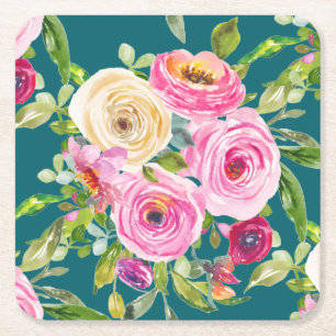 Porta-copo De Papel Quadrado Rosas de aquarelas em rosa e creme no chão