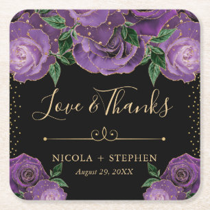 Porta-copo De Papel Quadrado Rosas de casamento com glamour dourado e roxo aqua
