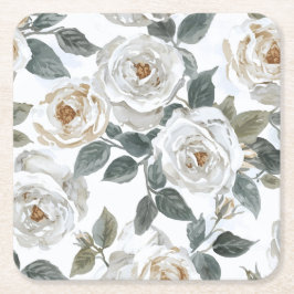 Porta-copo De Papel Quadrado Rosas de Jardim | Floral Vintage aquarela Branca