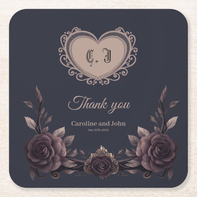 Porta-copo De Papel Quadrado Rosas de safra romântica. (Frente)