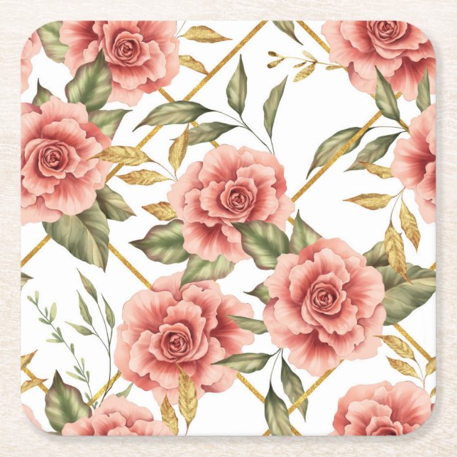 Porta-copo De Papel Quadrado Rosas e folhas (Frente)