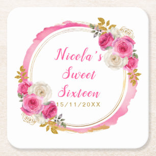 Porta-copo De Papel Quadrado Rosas Elegantes Rosa Choque e Dourado Sweet Sixtee
