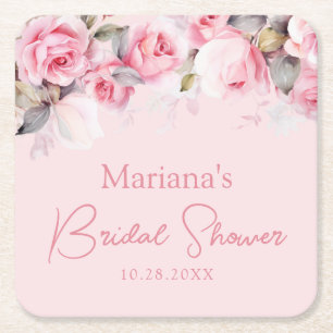 Porta-copo De Papel Quadrado Rosas Florais Rosa Claro