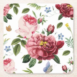 Porta-copo De Papel Quadrado Rosas Inglesas Românticas Elegantes Vintage Rosa