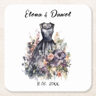 Porta-copo De Papel Quadrado Rosas lavanda rosa em aquarela vestido preto casam
