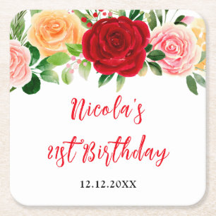 Porta-copo De Papel Quadrado Rosas Românticas Florais de Aniversário