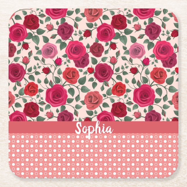 Porta-copo De Papel Quadrado Rosas Rosa Doce e Derramadas Personalizadas (Frente)