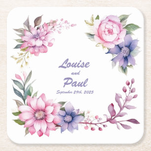 Porta-copo De Papel Quadrado Rosas Rosa e Roxo: Portas copos de Casamento Perso