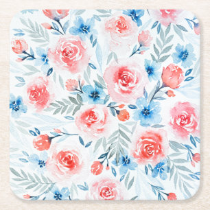Porta-copo De Papel Quadrado Rosas Rosa Flores Azuis Flores Aquáticas Padrão Fl