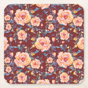 Porta-copo De Papel Quadrado Rosas, sem costura, padrão de fundo vermelho